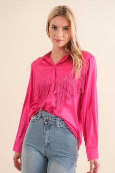 Satin Button Up Shirt Blouse with Chevron Fringe Front and BackPlease allow up to 4 days to shipFabric Contents: 100% Polyester Non-stretch fabric Non-sheer fabric Bust Measurement Small 42” Medium 43” Large 44” Cowgirl Clothes, Fringe Blouse, Satin Button Up, Fringe Shirt, Embellished Blouse, Satin Shirt, Sheer Fabric, Effortless Chic, Western Shirts