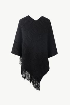 Features: Fringe Stretch: Moderate stretch Material composition: 85% acrylic, 15% polyester Care instructions: Machine wash cold. Tumble dry low. Imported Product measurements: One size: bust 73 in, sleeve length 20 in, length 32 in Ghost Mannequin, Fringe Fashion, Buy Pearls, Picture Style, Poncho Tops, Black Charcoal, Three Quarter Sleeves, Quarter Sleeve, Bottoms Pants