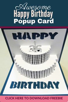 a happy birthday card with the words happy birthday written on it and an image of a cake