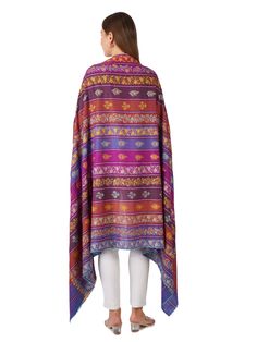 Add a touch of sophistication to your wardrobe with our Stylish Stripes Pashmina Shawl featuring intricate floral designs against multi-color stripes. Crafted from premium pashmina, this shawl blends comfort with timeless elegance, perfect for every occasion. Product Details: Hand Embroidered Kashmiri Pashmina Shawl Material: Pure Pashmina (100% Cashmere) Size: 100 cm X 203 cm / 40 Inch X 80 Inch / 1.1 x 2.2 Yards (Approx) Color: Multi-color stripes Embroidery: Floral patterns intricately Embroi Bohemian Multicolor Shawl With Printed Border, Multicolor Jamawar Shawl Scarf, Multicolor Embroidered Shawl, Multicolor Jamawar Dupatta Scarf, Multicolor Pashmina Shawl With Traditional Patterns, Multicolor Pashmina Shawl With Traditional Drape, Bohemian Style Multicolor Pashmina Shawl, Multicolor Handloom Jamawar Shawl, Multicolor Traditional Shawl For Eid