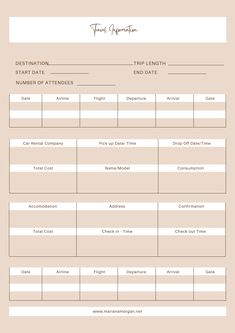 a printable travel checklist with the words, destination and trip details on it