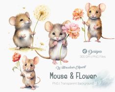 three mouses with flowers in their hands and the words mouse & flower on them