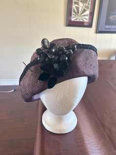 One of a Kind hand made, hand shaped and dyed, with added vintage trim, leaves and berries Elegant Handmade Brown Hat, Handmade Vintage Black Mini Hats, Vintage Handmade Black Mini Hats, Handmade Brown Mini Hat, Handmade Brown Mini Hat One Size, Handmade Brown Mini Hat, One Size Fits Most, Handmade Adjustable Hat For Church, Vintage Purple Hat With Short Brim, Vintage Short Brim Purple Hat