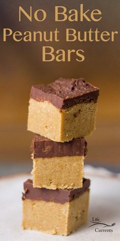 no bake peanut butter bars stacked on top of each other with text overlay