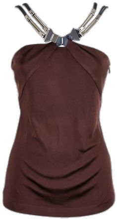 Brown Fitted Top For Evening, Brown Sleeveless Evening Tops, Chic Brown Halter Neck Tank Top, Elegant Sleeveless Brown Tops, Fitted Sleeveless Brown Top, Brown Sleeveless Tank Top For Night Out, Sleeveless Brown Tank Top For Night Out, Brown Sleeveless Party Top, Brown Sleeveless Top For Party