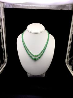 100 % Natural Emerald smooth rondelle shape beaded necklace with adjustable silk cord closure. Details: - Gemstone: Emerald Shape: Rondelle Calibration of beads: 2.50 millimeters till 10.00 millimeters Strands: 2 Gross weight: 126.00 carats Net weight: 101.00 carats Length of necklace: Inner 15.50 inches till Outer 16.50 inches SKU-EME0001 100% NATURAL EMERALD BEADS GREEN COLOR NECKLACE GUARANTEED NATURAL EMERALD READY TO WEAR NECKLACE FOR WOMEN WEAR NOT HEATED NOT TREATED NOT DYED ADJUSTABLE SI Green Oval Polished Beads Jewelry, Elegant Green Oval Bead Necklaces, Elegant Green Necklaces With Oval Beads, Elegant Green Oval Beaded Necklaces, Green Crystal Necklaces With Polished Round Beads, Green Oval Gemstone Beads Jewelry, Green Oval Beads Necklaces For Gifts, Green Oval Beaded Necklaces For Gifts, Green Oval Jade Beads Jewelry