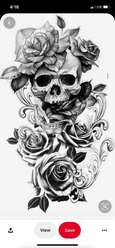 a black and white photo of a skull with roses on it