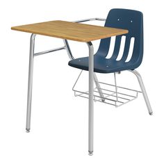 a desk with a blue chair next to it and a wooden table in front of it