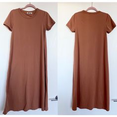 Brand New Without Tag Uniqlo T-Shirt Maxi Dress. Size: Small Color: Terracotta Mercerized Cotton Short-Sleeve A-Line Dress - Glossy Mercerized Cotton. - Comfortable Jersey Fabric With A Perfectly Crisp Feel. - Flared A-Line Silhouette. - This Cut-And-Sewn Dress Makes A Style Statement On Its Own. Measurements (Approximate - See Pictures): Pit To Pit: 17” Length Neck To Hem: 45” Casual Short Sleeve Maxi Dress For Fall, Casual Orange Short Sleeve Maxi Dress, Casual Orange Maxi Dress With Short Sleeves, Casual Crew Neck Maxi Dress For Spring, Short Sleeve Everyday Fall Dresses, Everyday Short Sleeve Fall Dresses, Casual Plain Maxi Dress With Short Sleeves, Relaxed Fit Short Sleeve Maxi Dress For Fall, Casual Maxi Dress With Short Sleeves