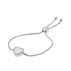 PRICES MAY VARY. The Michael Kors jewelry collection is designed for timeless appeal. Crafted from hypoallergenic materials like stainless steel and brass with sparkling accents, rich in detail with enduring quality. A perfect gift for that special someone, this sweet Michael Kors Jewelry slider bracelet is set with a polished silver-tone heart charm with pavé crystal halo. This chain bracelet features silver-tone stainless steel and an adjustable slider closure. Inner Diameter 2.25" Closure Typ Heart Chain Bracelet, Chain Bracelet For Women, Womens Bracelet, Slider Bracelet, Michael Kors Jewelry, Heart Chain, Bracelet For Women, Crystal Heart, Womens Fashion Trends