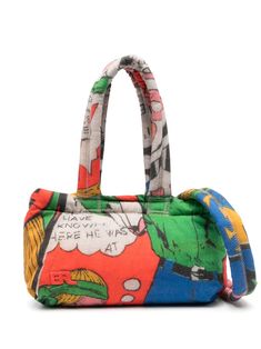 multicolour cotton cartoon print embroidered logo to the front touch-strap fastening two long top handles detachable shoulder strap internal logo patch main compartment Puffer Bag, Mini Comic, Crossbody Tote Bag, Orange Bag, Cotton Tote Bag, Crossbody Tote, Woven Bag, Cotton Totes, Cartoon Print