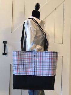 "Unique, one of a kind tote bag made from a plaid shirt.  Includes: Interior pocket  Magnetic closure Dimensions: Height: 13\" Length: 19\" Width: 5\"" Casual Plaid Tote Bag, Casual Plaid Bags For Daily Use, Casual Plaid Tote Shoulder Bag, Casual Plaid School Bag, Casual Cotton Plaid Bags, Casual Plaid Cotton Bag, Casual Gingham Tote Bag, Casual Gingham Bag For Everyday Use, Everyday Plaid Cotton Shoulder Bag