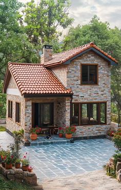 a house with a pool in front of it and lots of flowers on the ground