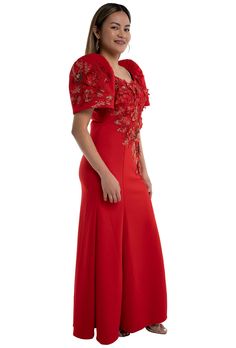 The Red Filipiniana Dress PROVIDE US BELOW ( Chest - Waist - Hips) in inches & Height - PERFECT FIT GUARANTEE Classic Details, 100% Authentic Fabric, Handcrafted by Filipino Barong Weavers, Super High Quality & Affordable This is the ultimate Filipiniana is named after Teresa. A black filipiniana with elegant flower and leave details.This is popular for weddings, parties and events. Any Filipina woman would love this Filipiniana dress and you can easily partner this style with any of our Red Short Sleeve Wedding Dress, Festive Fitted V-neck Evening Dress, Red Short Sleeve Evening Gown, Festive Fitted V-neck Gown, Fitted V-neck Gown For Festive Occasions, Formal Festive Gown With Short Sleeves, Festive Formal Gown With Short Sleeves, Festive Evening Gown With Short Sleeves, Fitted V-neck Holiday Gown