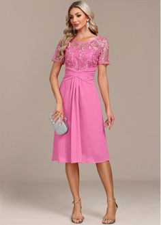 Color:Pink;Size:S;Size:M;Size:L;Size:XL;Size:XXL;Package Contents:1 X Dress;Occasion:Work;Style:Elegant; Pink Short Sleeve Midi Dress For Evening, Pink Short Sleeve Midi Dress For Party, Pink Short Sleeve Party Midi Dress, Pink Knee-length Evening Midi Dress, Elegant Dresses Plus Size, Shape Dress, Dress Occasion, Work Style, Lace Patchwork