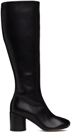 Knee-high vegetable-tanned buffed calfskin boots in black. · Pinched seam at modified square toe · White stitching at collar · Zip closure at inner side · Stacked leather heel with rubber injection · Calfskin sole · Heel: H2.5 Supplier color: Black Red High Heel Boots, Camel Colored Boots, Leather Tall Boots, Black Stitch, Red High Heels, Tall Leather Boots, Black Camel, Knee High Leather Boots, Mm6 Maison Margiela