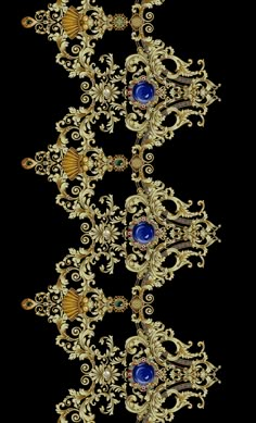 an ornate gold and blue design on a black background