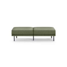 a small green bench with wooden legs on a white background and the seat is upholstered