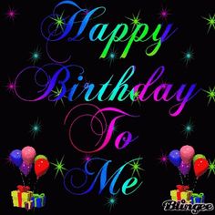 happy birthday to me greeting card with balloons and gift boxes in neon colors on black background