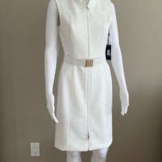 This Dress Has A Great Fit! Very Figure Flattering! Zipper Front In Gold With Gold Accent Belt. Elegant White Dress With Zipper Closure, Elegant White Dresses With Zipper Closure, White Sheath Dress With Back Zipper, White Tommy Hilfiger Dress For Work, Tommy Hilfiger White Dress For Work, White Lined Dress For Work, Lined White Dresses For Work, Spring White Tommy Hilfiger Dress, Womens Yellow Dress