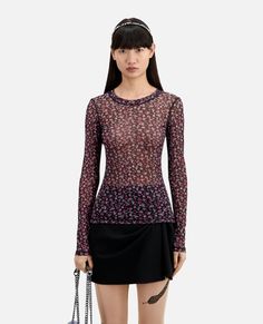 Printed t-shirt | The Kooples - US Trendy Multicolor Sheer Tops, Multicolor Sheer Mesh Top, Sheer Multicolor Mesh Top, Fitted Sheer T-shirt For Spring, Spring Crew Neck Printed Mesh Top, Multicolor Crew Neck Mesh Top For Spring, Summer Printed Crew Neck Mesh Top, Printed Crew Neck Mesh Top For Spring, Spring Printed Crew Neck Mesh Top