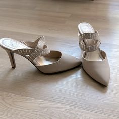 Slip On, Never Worn Dress Heels Spring Embellished Elegant Heels, Elegant Embellished Heels For Spring, Elegant Embellished Spring Heels, Bow High Heels, Dress Heels, Black Pumps Heels, White Heels, Shoes Comfortable, Denim Shoes