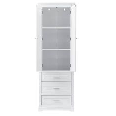 a tall white cabinet with drawers and doors