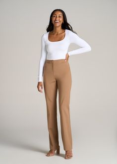 About Our Long Sleeve Square Neck Bodysuit for Tall Women This women’s tall bodysuit is the ultimate layering piece. Designed with a supremely comfortable stretch knit, it hugs the body to create a seamless silhouette that’s perfect for wearing under jeans, slacks, and skirts. We know for women with long torsos, bodysuits can be a challenge to find, that’s why we made this one just for women from 5’9 to 6’6. No more feeling cramped when you stand up or worrying about awkward necklines. We made t Slim Fit Elastane Bodysuit, Fitted Seamless Bodysuit For Fall, Seamless Fitted Bodysuit For Fall, Fall Bodysuit For Workwear, Sleek Solid Color Bodysuit For Workwear, Fitted Seamless Bottoms For Fall, Fitted Classic Long Sleeve Bodysuit, Stretch Bodysuit For Workwear In Fall, Elegant Second-skin Bodysuit For Workwear