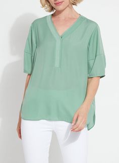 color=Indie Green Versatile Solid Color Tops With Split Neck, Versatile Tops With Split Neck In Solid Color, Versatile Solid Color Blouse With Shirttail Hem, Versatile Solid Blouse With Shirttail Hem, Solid Color Blouse With Rolled Sleeves And Shirttail Hem, Solid Blouse With Rolled Sleeves And Shirttail Hem, Blouse With Rolled Sleeves And Shirttail Hem, Relaxed Fit Split Neck Blouse, Denim Baby