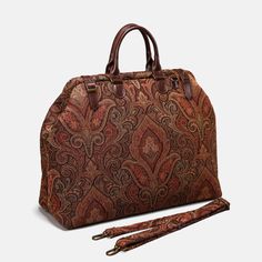 Damask D. Brown Men's Carpetbag Carpetbag of America Designer Double Handle Shoulder Bag For Travel, Luxury Coated Canvas Shoulder Bag With Double Handle, Luxury Brown Rectangular Bag, Luxury Tote Bag With Detachable Handle, Designer Satchel With Handles For Travel, Designer Travel Satchel With Handles, Designer Travel Satchel, Luxury On-the-go Shoulder Bag, Designer Satchel For Travel