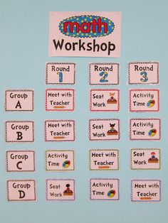 a bulletin board with words and pictures on it that say,'math workshop '