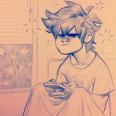 a drawing of a person sitting on a bed looking at a cell phone in their hand