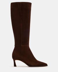 Elevate your style with LUCID - a sleek, knee-high boot featuring a trendy kitten heel and a pointed toe for a sophisticated touch. Perfect for pairing with any outfit, this boot will add a touch of elegance to your wardrobe. 2.25 inch heel height Size 6 measurements: 14.5 inch shaft circumference, 15.25 inch shaft height Size 8 measurements: 15.25 inch shaft circumference, 16.25 inch shaft height Size 10 measurements: 16 inch shaft circumference, 17.25 inch shaft height Suede upper material Textile and synthetic lining Synthetic sock Synthetic sole Imported Tall Brown Boots Leather, Chocolate Brown Knee High Boots, Brown Suede Boots Outfit, Boots For Petite Women, Suede Boots Outfit, Suede Knee High Boots, Kitten Heel Boots, Brown Knee High Boots, Fall Closet