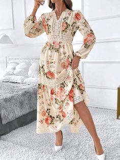 Women's Floral Lace Patchwork Long Sleeve Romantic Floral Elegant Dress, Spring Autumn Winter Multicolor Boho  Long Sleeve Woven Fabric Floral,Plants,All Over Print A Line Non-Stretch  Women Clothing, size features are:Bust: ,Length: ,Sleeve Length: Floral Elegant Dress, Elegant Floral Dress, Satin Pj Set, Lace Patchwork, Dress Spring, Patterned Scarves, Pajama Set Women, Weekend Wear, Boho Women