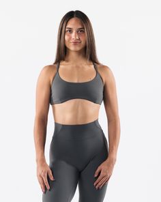 Aura Strappy Bra - Pewter Gray 4-way Stretch Athleisure Sports Bra, Gray Athleisure Sports Bra With 4-way Stretch, Gray Seamless 4-way Stretch Activewear, Gray Recycled Polyester Activewear For Workout, Gray 4-way Stretch Sports Bra For Yoga, Gray 4-way Stretch Activewear For Light Exercise, Gray Activewear For Light Exercise With 4-way Stretch, Gray Activewear For Light Exercise With Medium Support, Gray Compressive Activewear For Light Exercise