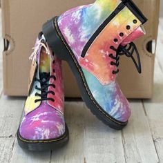 Dr Martens 1460 Tie Dye Boots Women’s Nib Doc Marten Nib 8 Eye, Black Round Laces Airwair, With Bouncing Soles Black And Yellow Pull Loop Brand: Doc Martens Condition: Nwt Excellent Condition Original Box And Packaging Casual Multicolor High Ankle Boots, Casual Purple Boots For Spring, Purple Lace-up Boots For Spring, Trendy Multicolor Boots For Spring, Trendy Multicolor Spring Boots, Funky Multicolor Boots For Spring, Casual Pink Ankle Boots, Doc Marten, Black And Yellow