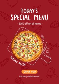 a pizza advertisement with an image of a pizza and the words today's special menu