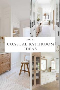 the interior of a bathroom with white walls and flooring, including cabinets and drawers