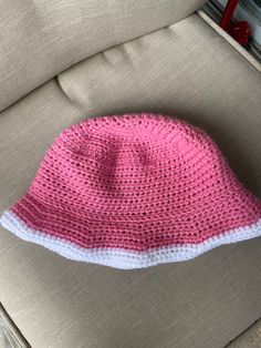 "Pink crochet bucket hat for adults. Measures 21-22\".  Pattern credit: https://yarnwars.com/crochet-bucket-hat-pattern-back-to-the-sixties-we-go/" Parfait Aesthetic, Bucket Hat Crochet, Pink Bucket Hat, Bucket Hat Pattern, Hippie Clothing, Crochet Bucket, Crochet Bucket Hat, Pink Crochet, Hat Crochet