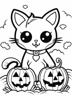 a black and white image of a cat with jack o lantern pumpkins on it