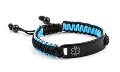 Adjustable Drawstring Medical ID Bracelet - Black and Blue Durable Adjustable Wristband Bracelet, Adjustable Black Braided Bracelet, Casual Blue Durable Bracelets, Casual Black Durable Wristband, Durable Black Braided Bracelet Gift, Black Nylon Cord Jewelry For Gift, Black Nylon Cord Jewelry As Gift, Durable Black Braided Bracelets As Gift, Durable Black Braided Bracelet As Gift