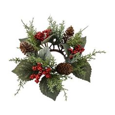 a christmas wreath with pine cones and berries