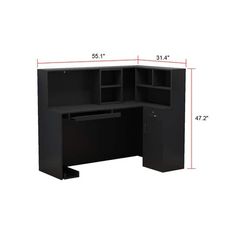 the measurements for an l - shaped desk with hutch and bookcases are shown