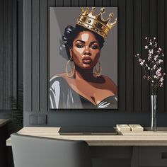 a painting of a woman with a crown on her head sitting next to a table