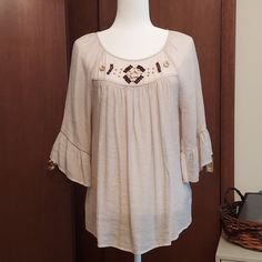 Light And Airy Semi Sheer, Beige Color. Bead Decoration Around Neckline. Flowy Sleeves. Excellent Condition. Nwot...I Bought It And Never Wore. Beaded Tops For Spring Vacation, Beaded Tops For Vacation In Spring, Spring Vacation Beaded Tops, Summer Embellished Beige Blouse, Beige Embellished Blouse, Embellished Summer Beach Blouse, Summer Beach Blouse Embellished, Summer Beach Embellished Blouse, Bohemian Beaded Tops For Beach