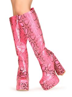 Vegan leather upper with man made sole Side zipper closure Heel measures approx. 6" H Platform measures approx. 2" H Imported Monster High Aesthetic Outfit, Runway Fashion Looks, Funky Heels, Knee High Platform Boots, Pink Boots, High Vibes, Snakeskin Heels, Leather Shoes Woman, Pretty Shoes