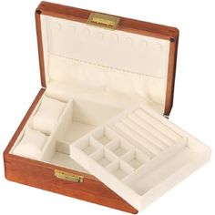 an open wooden box with several compartments