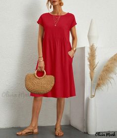 Olivia Mark - Stylish Linen Cotton Round Neck Letter Print Dress Red Linen Dress, Fitted Maxi Dress, Flowy Design, Ruffled Blouse, Wrap Around Dress, Evening Gowns Elegant, Cotton Blends Dress, Bandeau Dress, Dresses Xxl