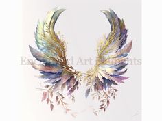 an artistic painting of two colorful wings with gold and purple feathers on it's wings