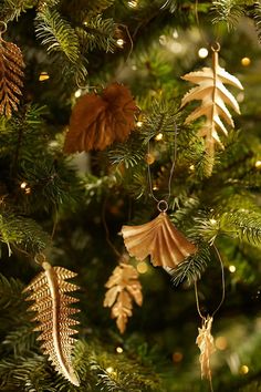 christmas decorations hanging from the branches of a tree